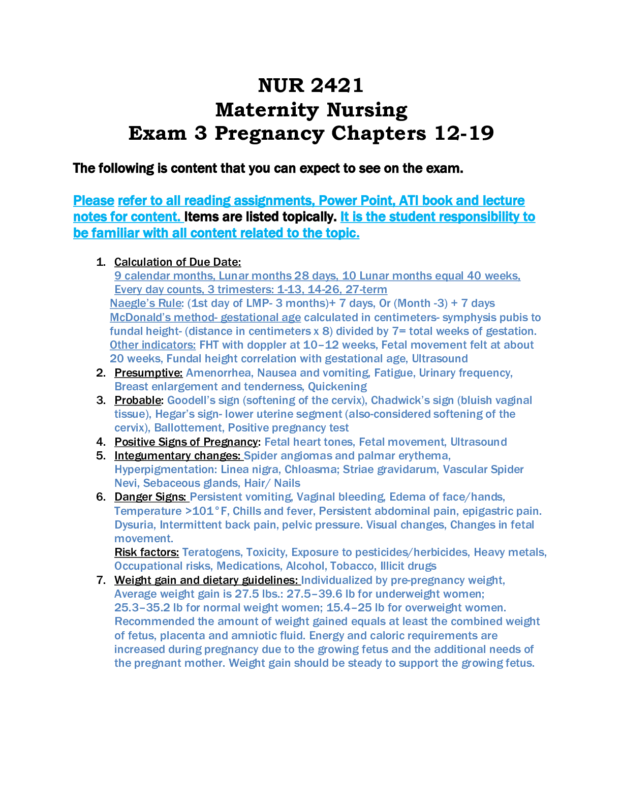 Preview of NUR 2421 Maternity Nursing Exam 3 Pregnancy Chapters 12-19